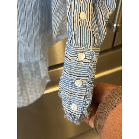 Free People One Drew Tuxedo Shirt Blue White Stripe Raw Hem Boho Y2K Belt 4 Dres - Picture 7 of 12